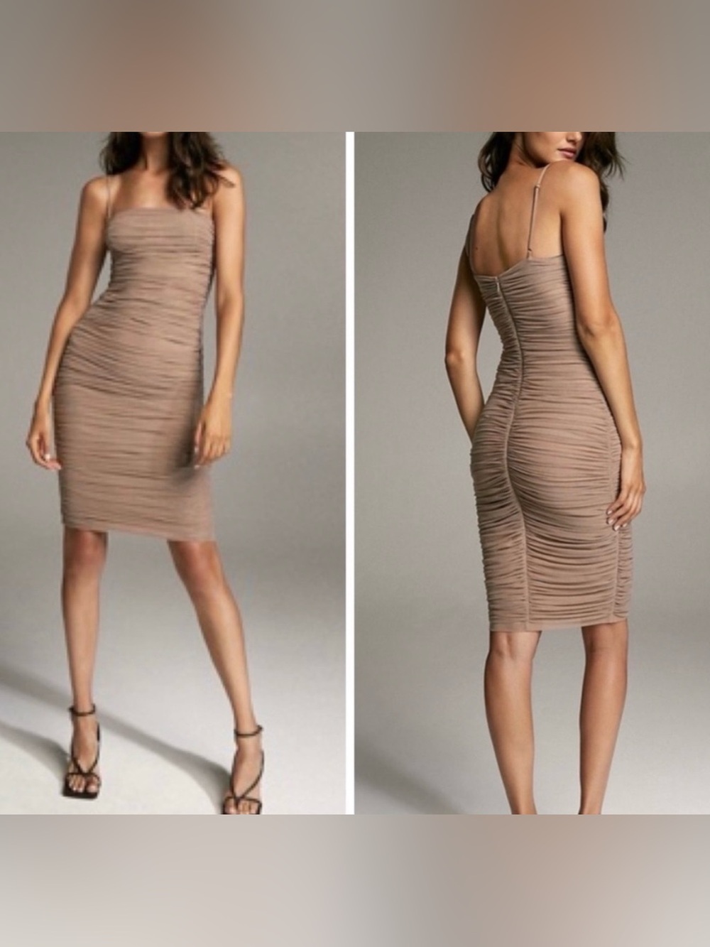 Babaton Luxor Ruched Mesh Midi Dress Tan Size 4